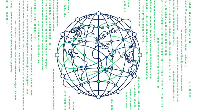 Global network connection, earth with digital data streams and binary code background