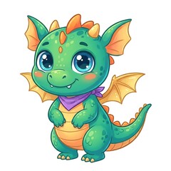 Fototapeta premium Adorable baby fantasy dragon with vibrant green scales and sparkling eyes, wearing a stylish purple bandana, perfect for charming children's designs and mythical creature themes