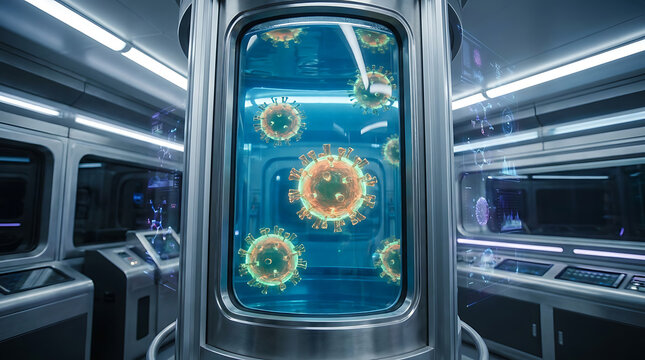 A futuristic laboratory setting with a large window displaying multiple virus cells in a blue liquid, surrounded by metallic equipment and fluorescent lighting