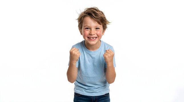 a happy boy with clenched fists on a white isolated background