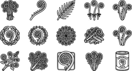 Set Ikon Pakis (Fiddlehead Fern) Line Art Monokrom – Koleksi Vektor Tumbuhan Hutan, Daun Pakis, Tunas Pakis, Ornamen Botani dan Makanan Tradisional © Abdullah