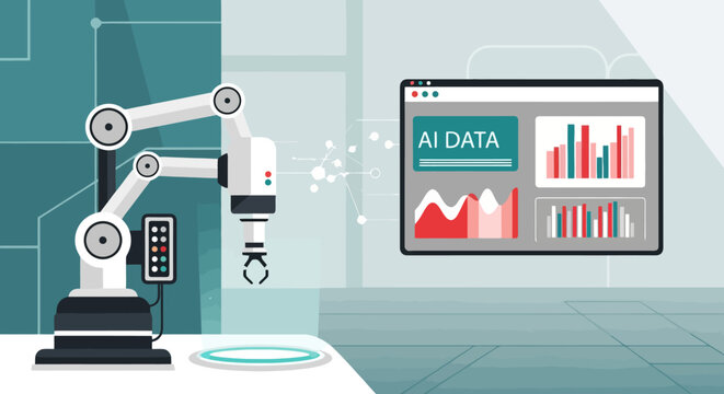 Automated robotic arm technology interacts with digital interface displaying advanced artificial intelligence data analytics and charts for industrial automation and future manufacturing