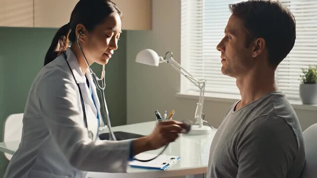 Medical Examination: Doctor Auscultating Patient's Chest in Bright Office, Healthcare
