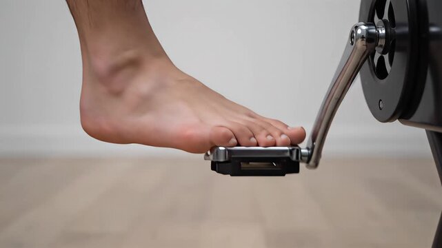 Close up shot of a bare foot pedaling on a stationary exercise bicycle at home.