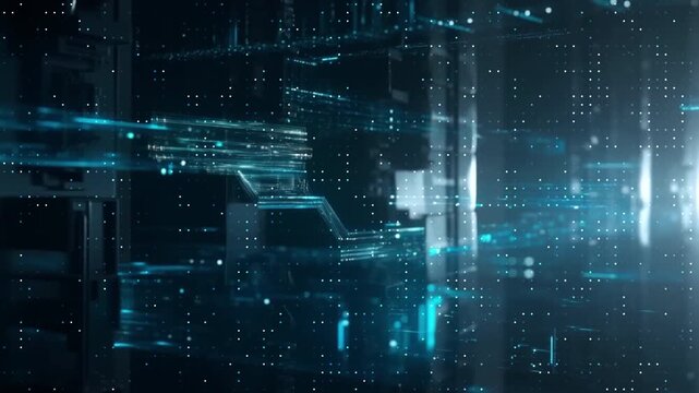 Blue digital binary data streams network connectivity graphics. Suitable for technology, networking, cybersecurity, and data analysis concepts. Virtual dark background.