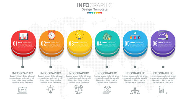 Infographics with 6 options of 3d cubes and icons of charts and setting