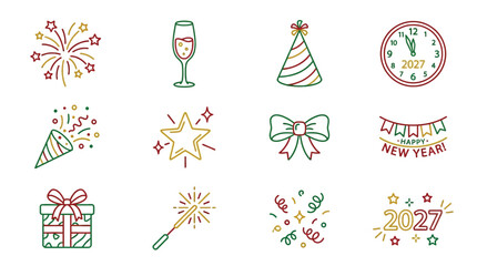 A set of festive line icons for New Year's Eve celebrations, featuring fireworks, champagne, party hats, clocks, gifts, and confetti. © Rra Terra