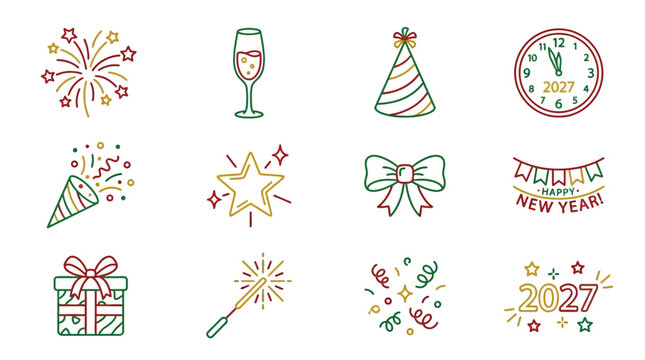 A set of festive line icons for New Year's Eve celebrations, featuring fireworks, champagne, party hats, clocks, gifts, and confetti.