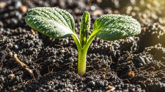 Time lapse of a small plant growing out of soil in the sunlight, new life concept