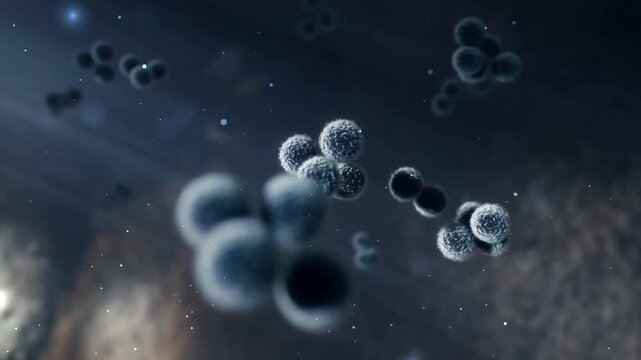 Microscopic spherical bacteria clusters float in dark void, highlighting biological structures, cellular organisms, and intricate patterns of life. Suitable for science or medical publications.