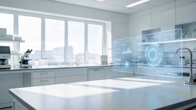 Minimalist white tech laboratory with holographic display pr