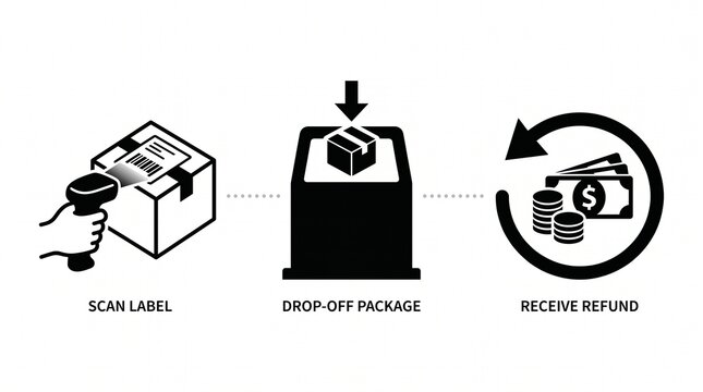 Product return workflow infographic showing scanning label and refund process