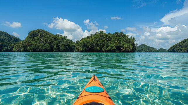 Tropical lagoon kayaking scene with emerald water and jungle island, bright sky, peaceful escape