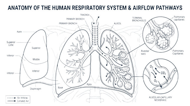 The human respiratory system anatomy illustration displays lungs and airways