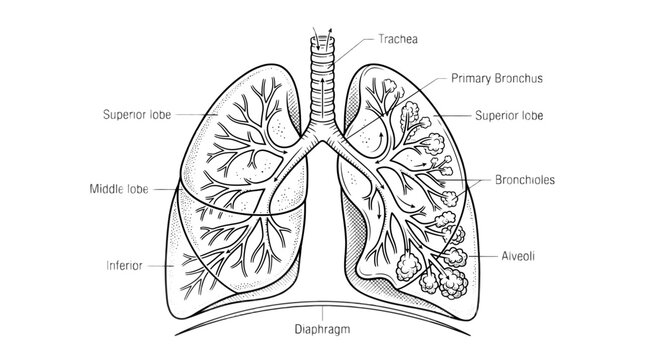 Biomedical illustration of human lungs with trachea and bronchi labeled