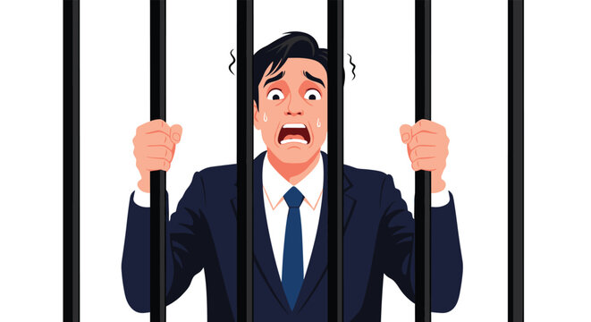 Terrified businessman in a suit and tie grips the bars of a prison cell with a look of desperation and panic on his face.