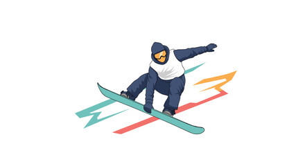 Fototapeta premium Skillful snowboarder performs a high jump trick in the air with a colorful abstract trail representing speed and excitement.