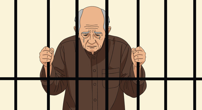 Heartbroken elderly man behind the iron bars of a prison cell weeps in despair as he reflects on his situation and isolation.