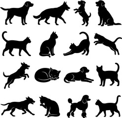 Obraz premium Set of black silhouettes of domestic cats and dogs in various poses