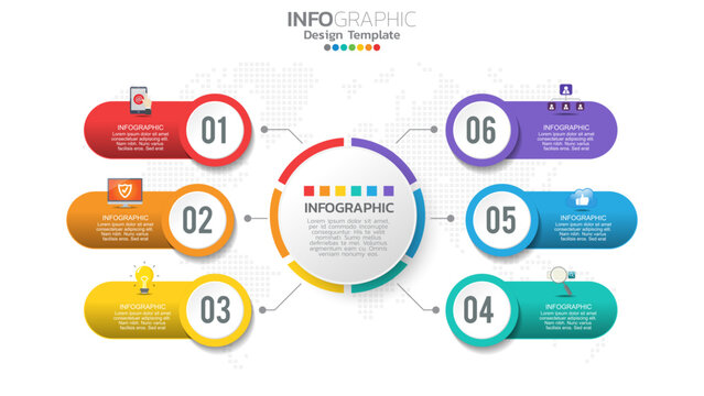 Infograph 6 step color element with circle graphic chart diagram, business graph design.
