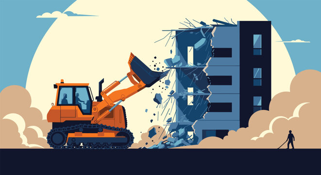 Industrial orange excavator demolishing an old blue building with dust clouds and a worker silhouette in a construction site scene.