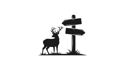 Deer silhouette stands beside a rustic wooden directional signpost on a grassy patch against a clean white background. © yanto
