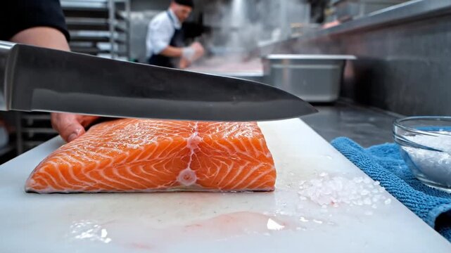 Chef carefully slicing a fresh salmon fillet with a sharp knife on a white cutting board in a professional kitchen
