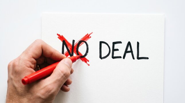 Negotiation Failure: A hand with a red marker crosses out the words NO DEAL on a white surface, symbolizing the collapse of an agreement or transaction.