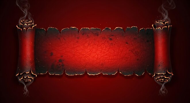 Burning red parchment scroll with smoke on dark background