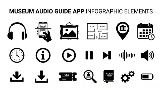 Set of museum audio guide app infographic icons and user interface elements