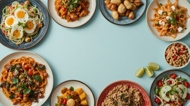 Colorful assortment of plated dishes arranged circular layout pale blue background