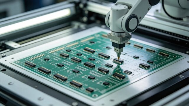 Industrial robot arm placing surface mount devices on PCB st