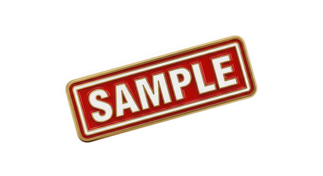 Red sample stamp sign with white text on a rectangle label isolated on transparent background