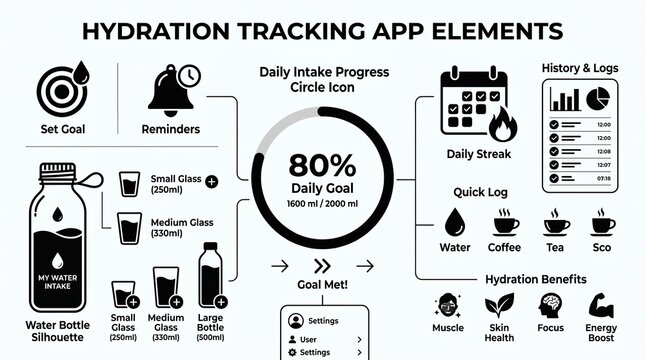Hydration tracking app interface elements with daily water intake progress chart