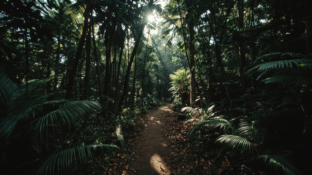 Lush tropical jungle trail with sunbeam filtering through tall palms and dense foliage