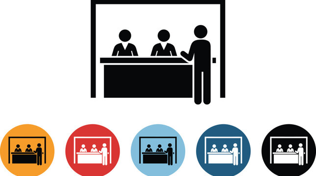 Customer service counter icon set with a person talking to receptionists or bank tellers in flat design style