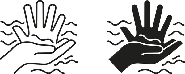 Fototapeta premium Water rescue and life saving support concept with helping hand reaching out outline and solid icon set