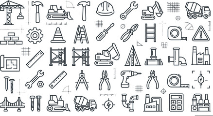 Fototapeta premium Construction Icon Illustration Featuring Tools and Industrial Scenes in Vector Artwork