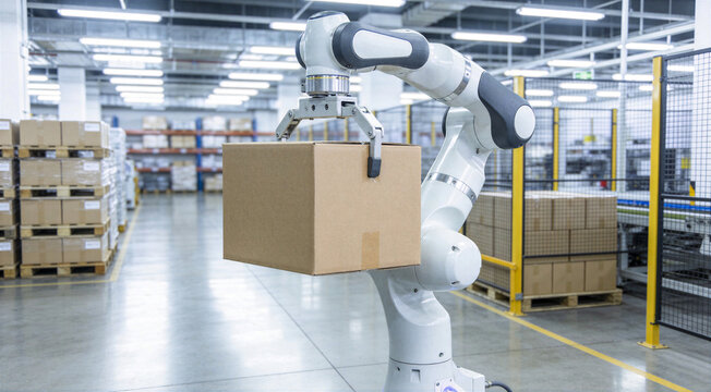 Robotic arm holding cardboard box in modern warehouse for smart logistics and industrial automation