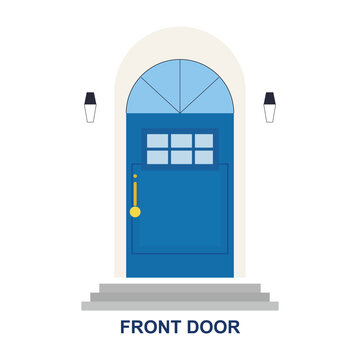 Elegant front door with arched top and side lights, two outdoor lamps, and steps.