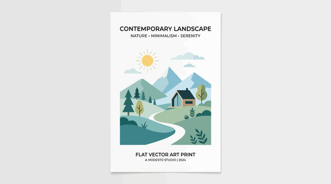 Contemporary landscape poster with house and mountains in flat vector style