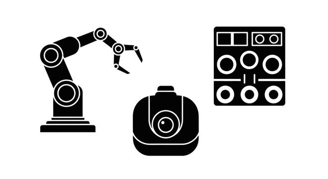 Robotic Arm, Camera, and Control Panel Icons - Industrial Automation Concept