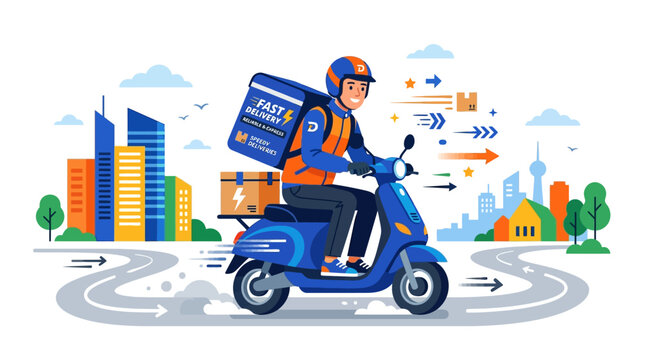 Courier on scooter delivering packages in urban cityscape illustration