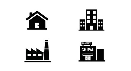 Obraz premium Set of Four Building Icons: House, Office, Factory, and Commercial Property