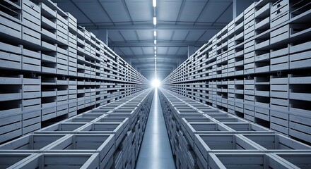 Fototapeta premium Perspective view of a long industrial warehouse aisle with rows of wooden crates stacked high on metal shelving units, creating a symmetrical tunnel effect leading to a bright light