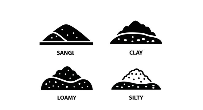 Soil Types Icons: Sandy, Clay, Loamy, Silty