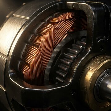 Detailed close up of electric motor internal structure showing copper wire windings and rotor gears