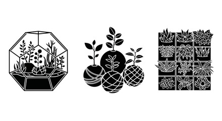 Fototapeta premium Terrarium, Kokedama, and Potted Plants Icons - Vector Illustration