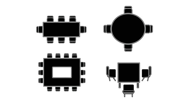 Top view of different table and chair arrangements for meetings and dining