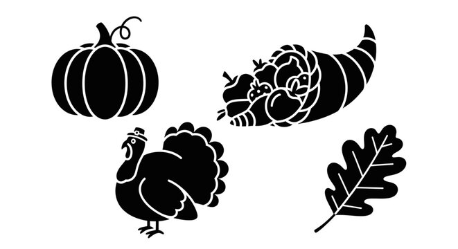 Thanksgiving Silhouette Icons: Turkey, Pumpkin, Cornucopia, Oak Leaf